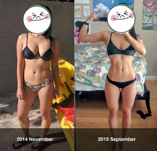 A photo of a 5'4" woman showing a weight loss from 135 pounds to 120 pounds. A net loss of 15 pounds.