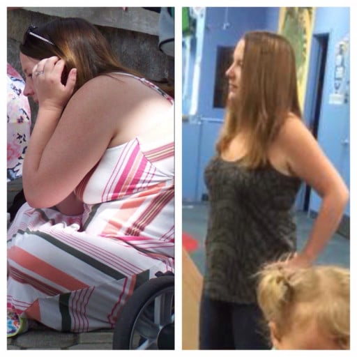 A before and after photo of a 5'1" female showing a weight reduction from 185 pounds to 155 pounds. A total loss of 30 pounds.