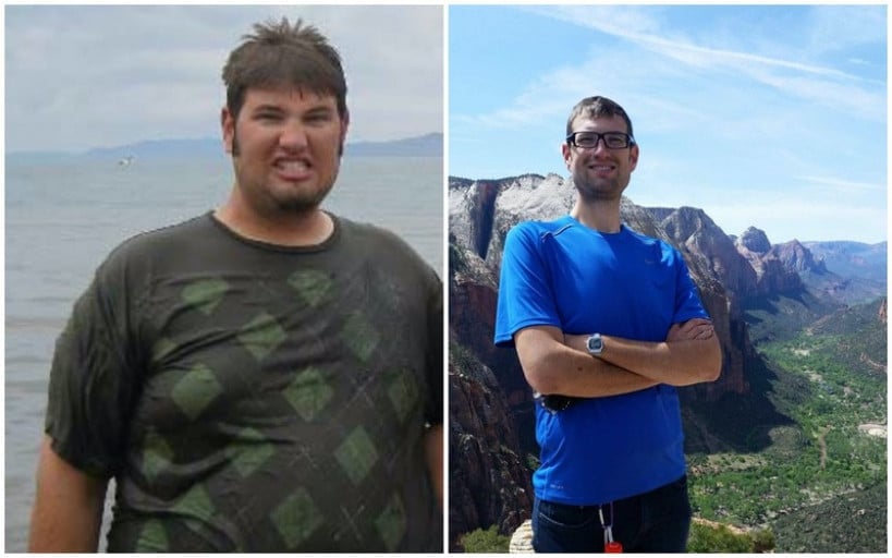 A picture of a 6'7" male showing a weight loss from 390 pounds to 215 pounds. A total loss of 175 pounds.