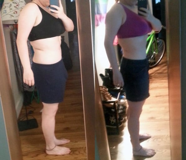 A before and after photo of a 5'8" female showing a weight reduction from 197 pounds to 181 pounds. A total loss of 16 pounds.