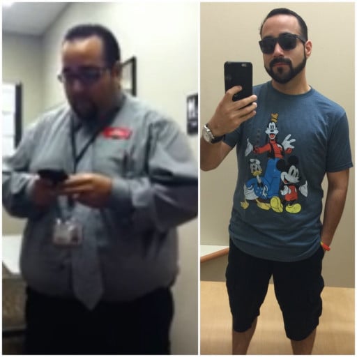 A progress pic of a 5'7" man showing a fat loss from 284 pounds to 182 pounds. A net loss of 102 pounds.