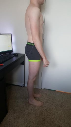 A before and after photo of a 5'10" male showing a snapshot of 146 pounds at a height of 5'10