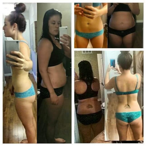 A photo of a 5'7" woman showing a weight cut from 170 pounds to 154 pounds. A total loss of 16 pounds.