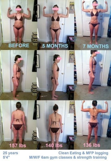 A picture of a 5'4" female showing a weight loss from 157 pounds to 136 pounds. A respectable loss of 21 pounds.
