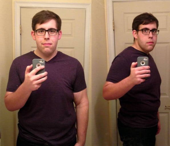 A before and after photo of a 6'0" male showing a weight cut from 506 pounds to 276 pounds. A respectable loss of 230 pounds.