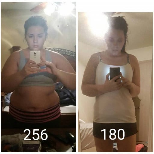 A progress pic of a 5'6" woman showing a weight reduction from 256 pounds to 180 pounds. A respectable loss of 76 pounds.