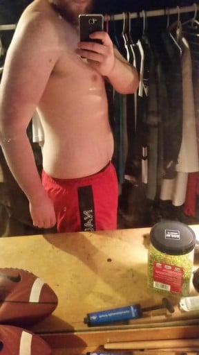 A picture of a 6'2" male showing a weight reduction from 330 pounds to 220 pounds. A total loss of 110 pounds.