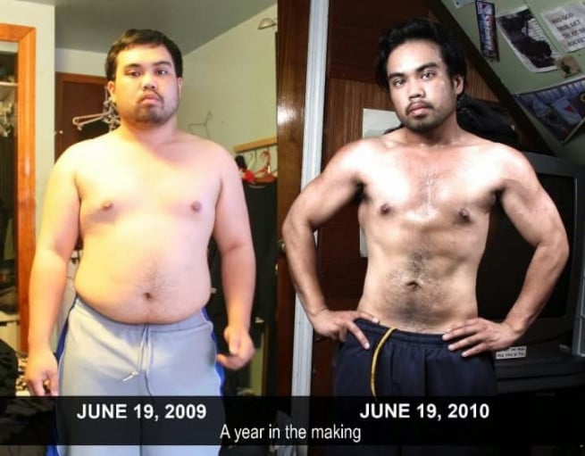 A progress pic of a 5'2" man showing a fat loss from 200 pounds to 130 pounds. A respectable loss of 70 pounds.