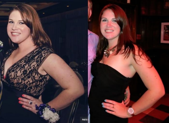 A before and after photo of a 5'6" female showing a weight reduction from 187 pounds to 161 pounds. A net loss of 26 pounds.