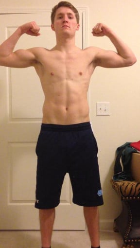 A progress pic of a 6'0" man showing a muscle gain from 149 pounds to 160 pounds. A total gain of 11 pounds.