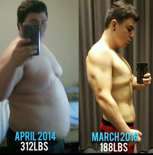 A photo of a 5'9" man showing a weight cut from 312 pounds to 188 pounds. A total loss of 124 pounds.