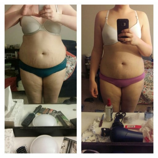 A picture of a 5'11" female showing a weight loss from 250 pounds to 216 pounds. A net loss of 34 pounds.