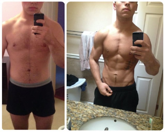 A picture of a 5'10" male showing a fat loss from 205 pounds to 175 pounds. A net loss of 30 pounds.