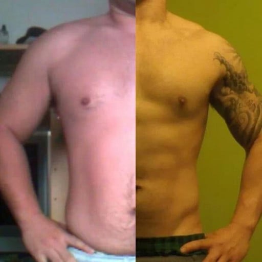A progress pic of a 5'6" man showing a fat loss from 225 pounds to 155 pounds. A respectable loss of 70 pounds.