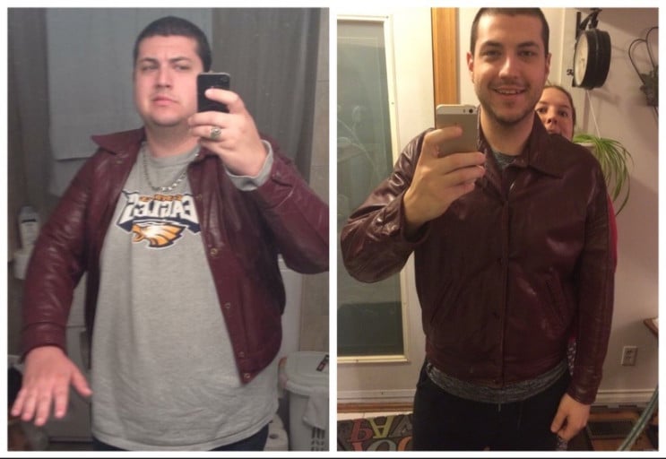 A before and after photo of a 6'3" male showing a weight reduction from 300 pounds to 198 pounds. A respectable loss of 102 pounds.