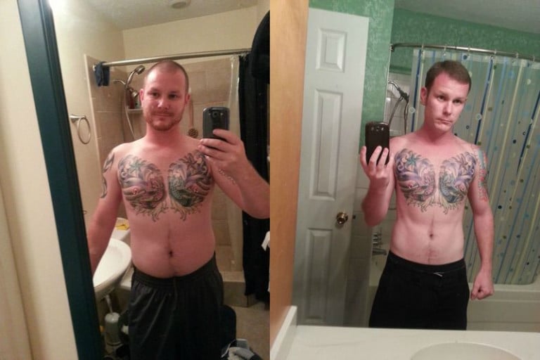 A before and after photo of a 5'10" male showing a weight cut from 195 pounds to 160 pounds. A net loss of 35 pounds.