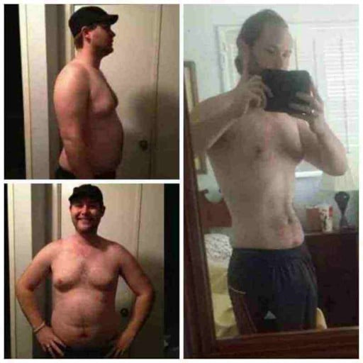 A picture of a 6'3" male showing a weight loss from 257 pounds to 192 pounds. A net loss of 65 pounds.