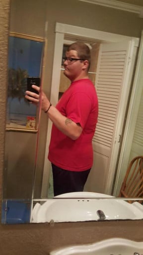 A progress pic of a 6'3" man showing a weight loss from 410 pounds to 300 pounds. A net loss of 110 pounds.