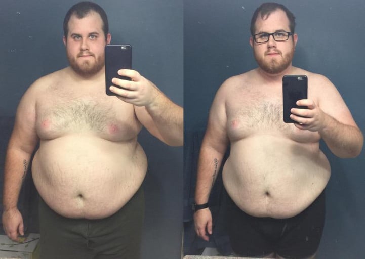 A picture of a 6'0" male showing a weight loss from 354 pounds to 324 pounds. A total loss of 30 pounds.