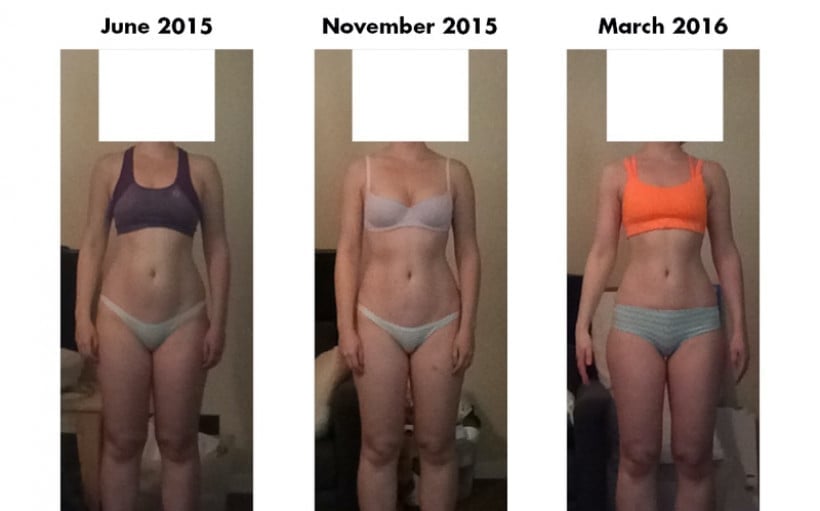 A photo of a 5'4" woman showing a fat loss from 138 pounds to 122 pounds. A net loss of 16 pounds.