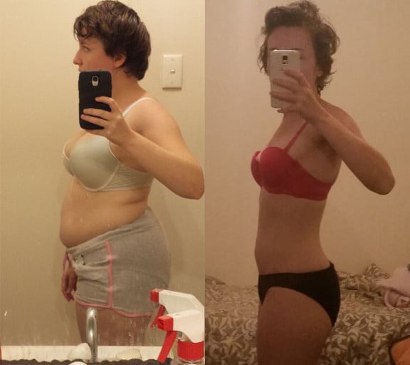 A picture of a 5'1" female showing a fat loss from 163 pounds to 110 pounds. A total loss of 53 pounds.