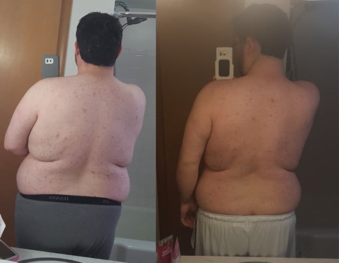 A picture of a 6'2" male showing a weight reduction from 360 pounds to 300 pounds. A net loss of 60 pounds.