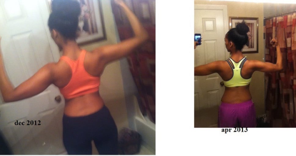 A progress pic of a 5'8" woman showing a weight cut from 150 pounds to 134 pounds. A net loss of 16 pounds.