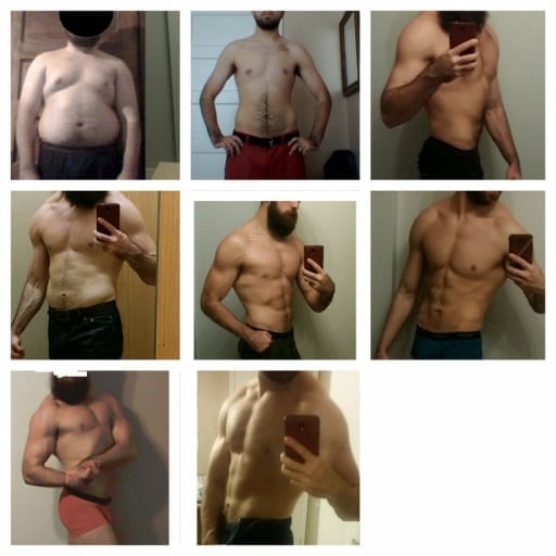 A progress pic of a 6'2" man showing a fat loss from 280 pounds to 205 pounds. A total loss of 75 pounds.