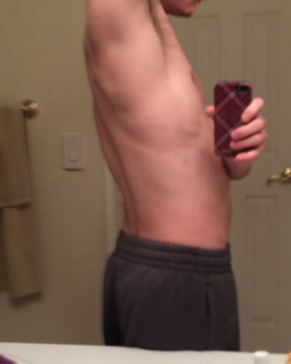 A picture of a 5'7" male showing a muscle gain from 118 pounds to 144 pounds. A respectable gain of 26 pounds.