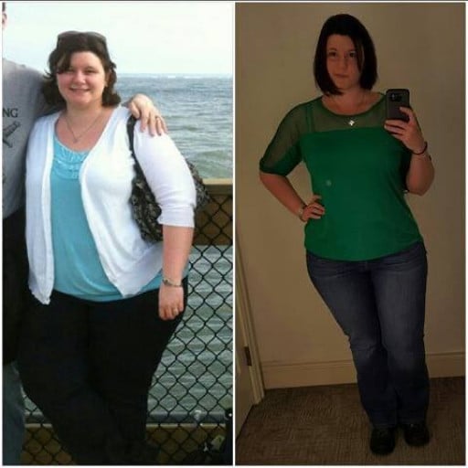 A photo of a 5'6" woman showing a weight cut from 310 pounds to 225 pounds. A total loss of 85 pounds.