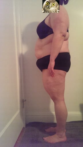 A progress pic of a 5'4" woman showing a snapshot of 230 pounds at a height of 5'4