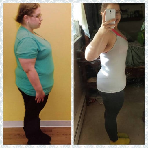 A before and after photo of a 5'2" female showing a weight reduction from 238 pounds to 161 pounds. A respectable loss of 77 pounds.