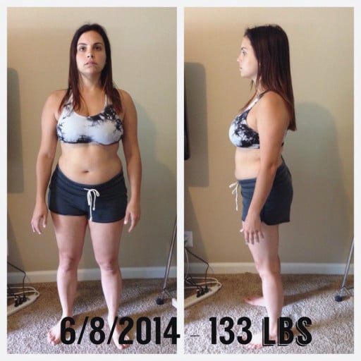 A photo of a 5'0" woman showing a weight loss from 135 pounds to 122 pounds. A net loss of 13 pounds.