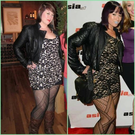 A progress pic of a 5'7" woman showing a fat loss from 208 pounds to 172 pounds. A net loss of 36 pounds.