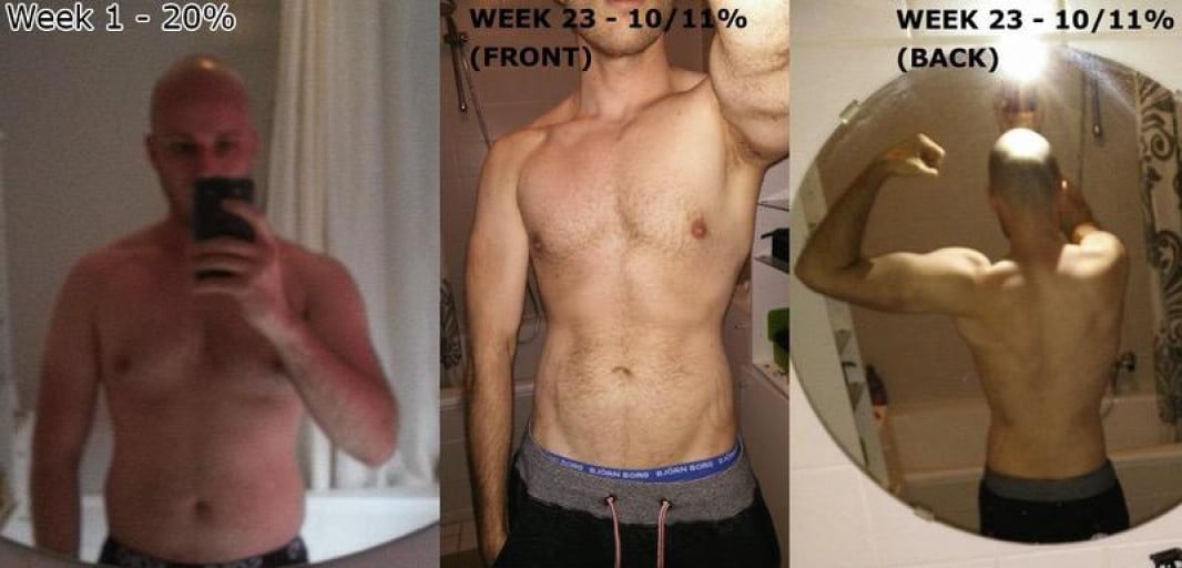 A before and after photo of a 5'10" male showing a weight reduction from 195 pounds to 170 pounds. A respectable loss of 25 pounds.