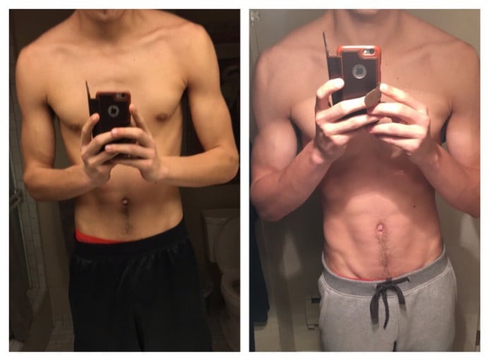 A progress pic of a 6'10" man showing a muscle gain from 200 pounds to 210 pounds. A net gain of 10 pounds.