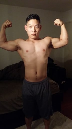 A progress pic of a 5'8" man showing a weight bulk from 164 pounds to 175 pounds. A total gain of 11 pounds.