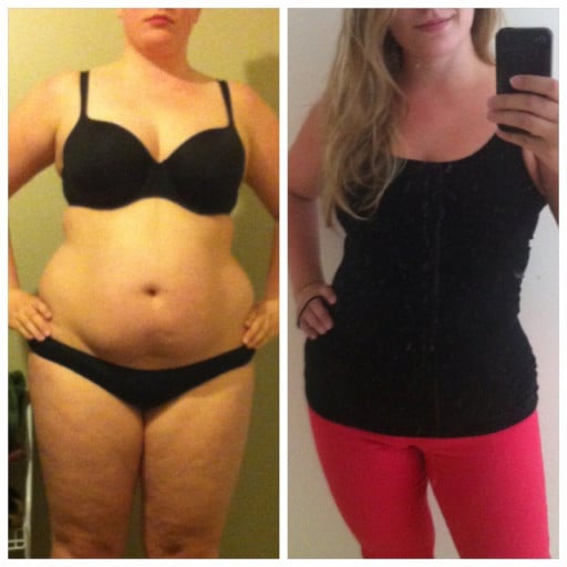 A before and after photo of a 5'6" female showing a weight reduction from 212 pounds to 176 pounds. A net loss of 36 pounds.