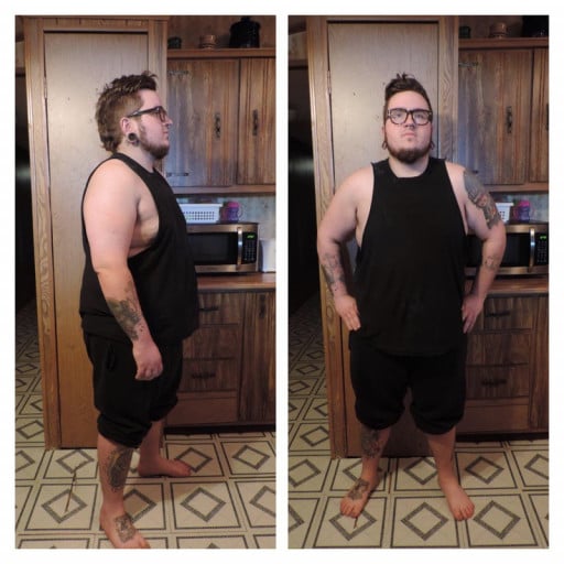 A progress pic of a 5'10" man showing a weight reduction from 282 pounds to 211 pounds. A total loss of 71 pounds.
