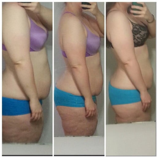 A before and after photo of a 5'7" female showing a muscle gain from 160 pounds to 170 pounds. A respectable gain of 10 pounds.