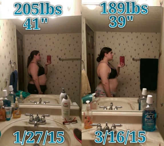 A progress pic of a 5'3" woman showing a fat loss from 205 pounds to 189 pounds. A total loss of 16 pounds.
