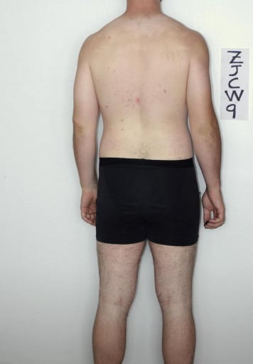 A before and after photo of a 6'0" male showing a snapshot of 195 pounds at a height of 6'0