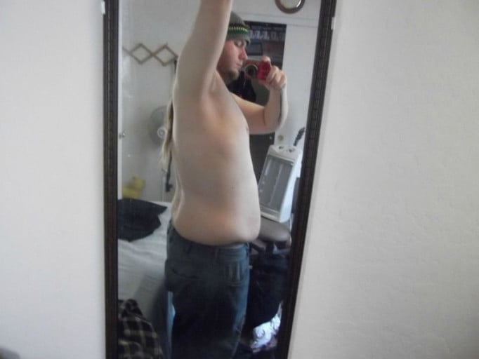A photo of a 6'1" man showing a weight reduction from 265 pounds to 245 pounds. A respectable loss of 20 pounds.