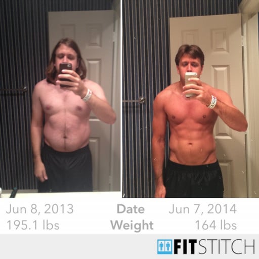A before and after photo of a 5'10" male showing a weight reduction from 195 pounds to 164 pounds. A total loss of 31 pounds.