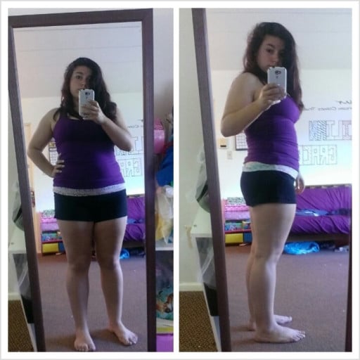 A before and after photo of a 5'2" female showing a weight cut from 175 pounds to 160 pounds. A total loss of 15 pounds.