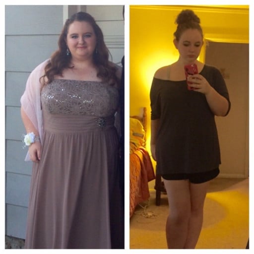 A picture of a 5'7" female showing a weight loss from 299 pounds to 221 pounds. A total loss of 78 pounds.