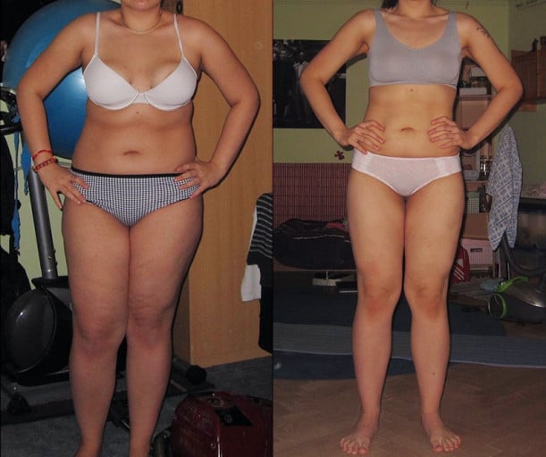 A before and after photo of a 5'7" female showing a weight loss from 238 pounds to 163 pounds. A total loss of 75 pounds.