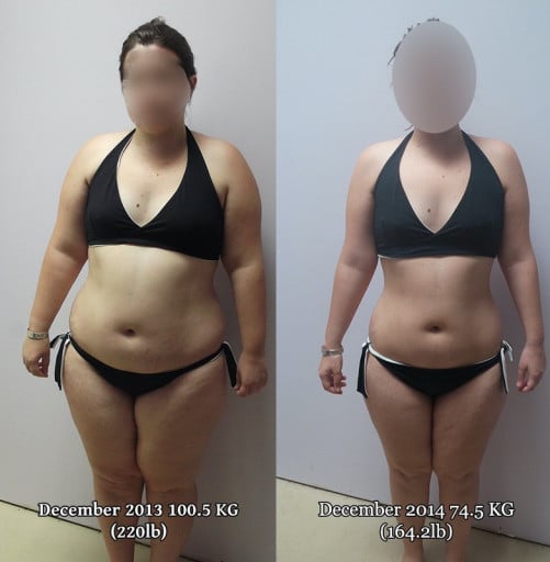 A before and after photo of a 5'3" female showing a weight reduction from 220 pounds to 164 pounds. A respectable loss of 56 pounds.