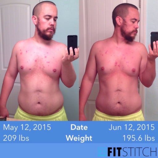 A picture of a 5'9" male showing a weight loss from 209 pounds to 195 pounds. A respectable loss of 14 pounds.