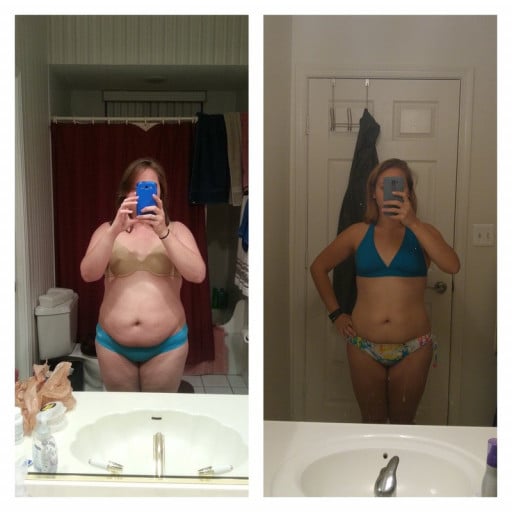 A progress pic of a 5'4" woman showing a weight reduction from 191 pounds to 150 pounds. A total loss of 41 pounds.